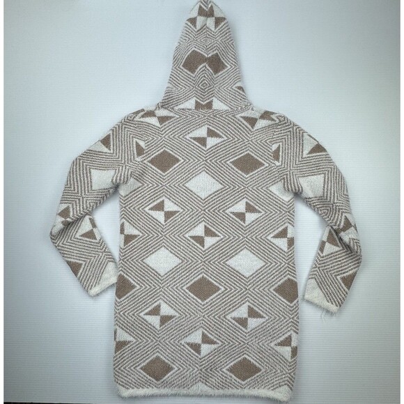 ZEVA Beige White Geometric Hooded Cardigan Sweater Coat Zip Front Pockets L - Picture 9 of 9